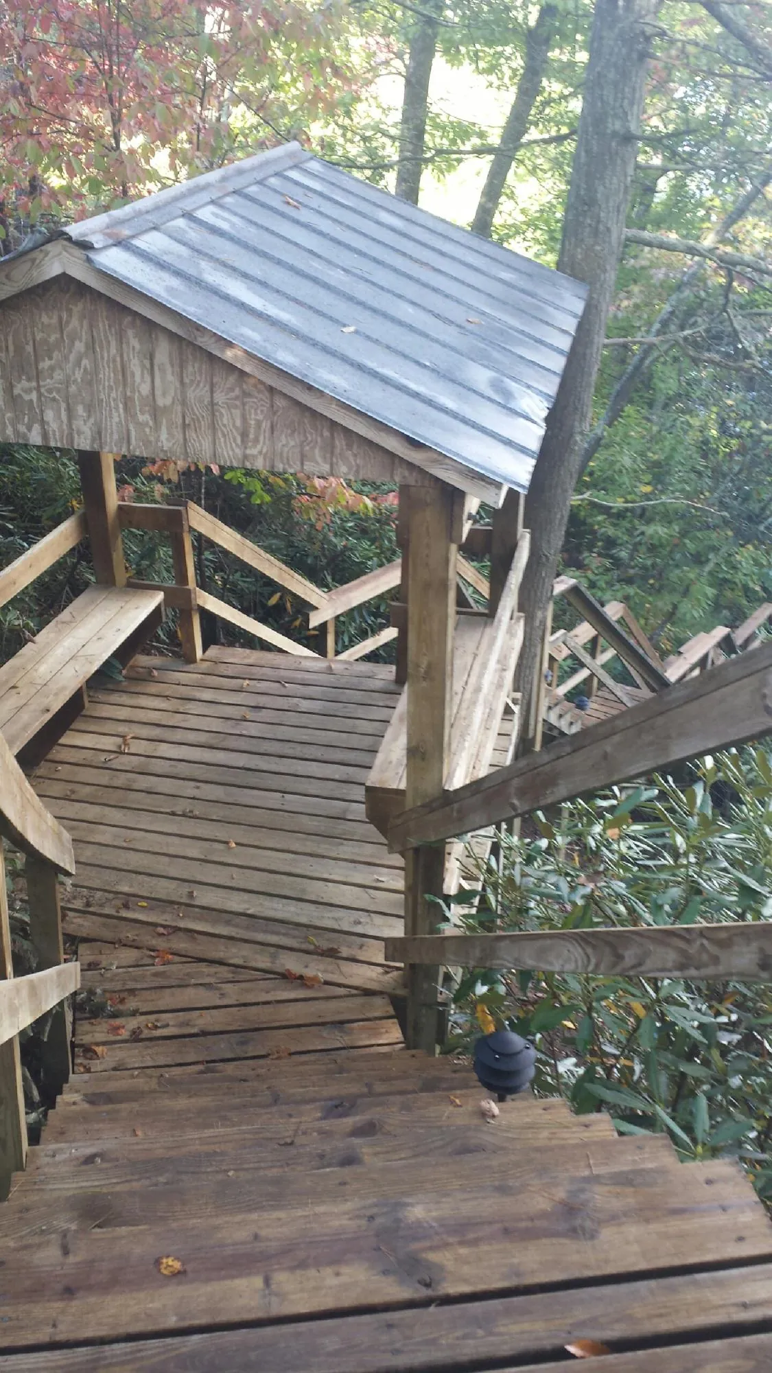 Metal roofed shelter over wooden steps on a wooded walkway — Skylight Repair & Installation work by our crew in Dowagiac